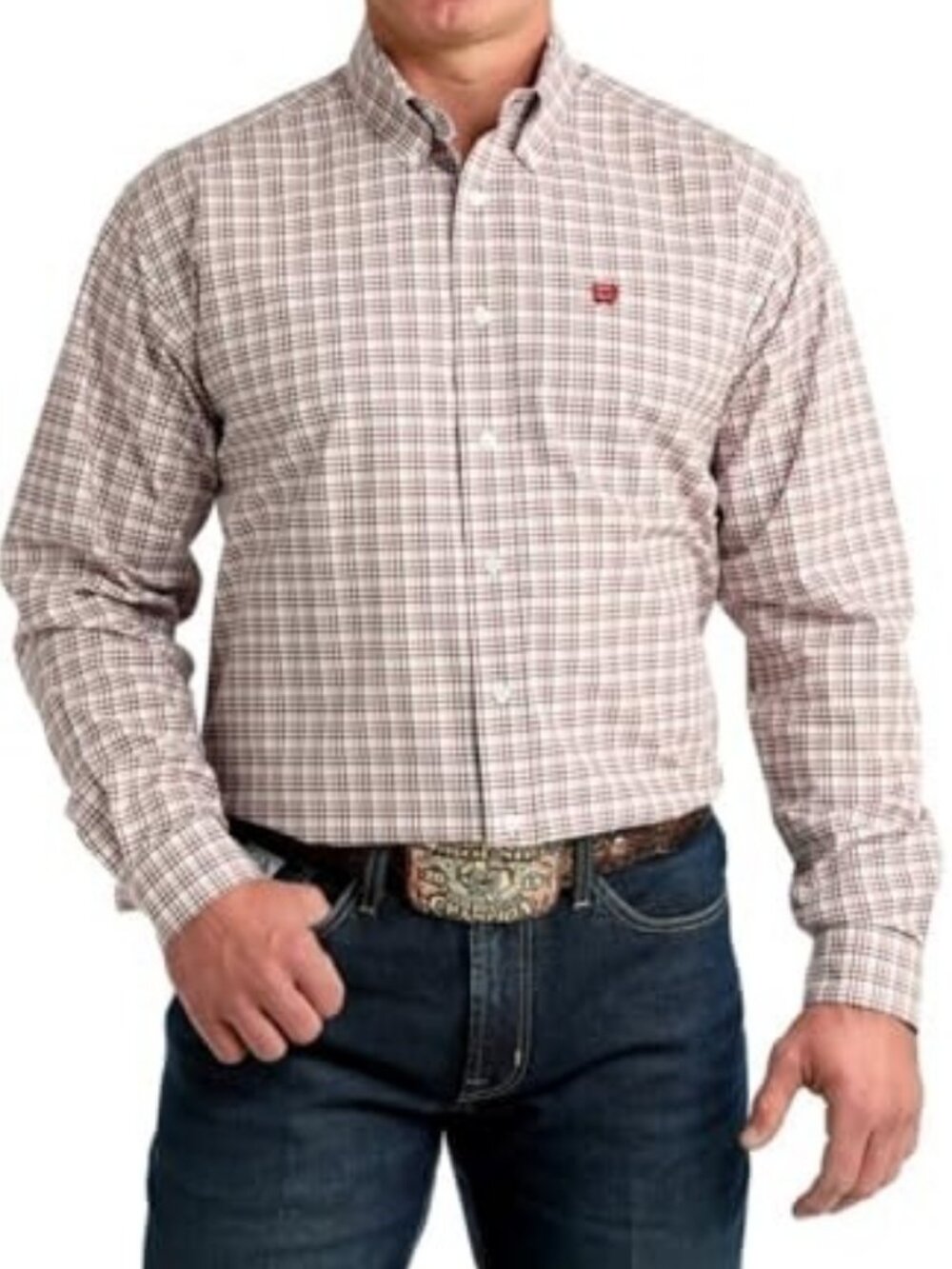 Cinch Men's Long Sleeve Classic Fit Plaid Button Shirt White/Burgundy MTW1106015
